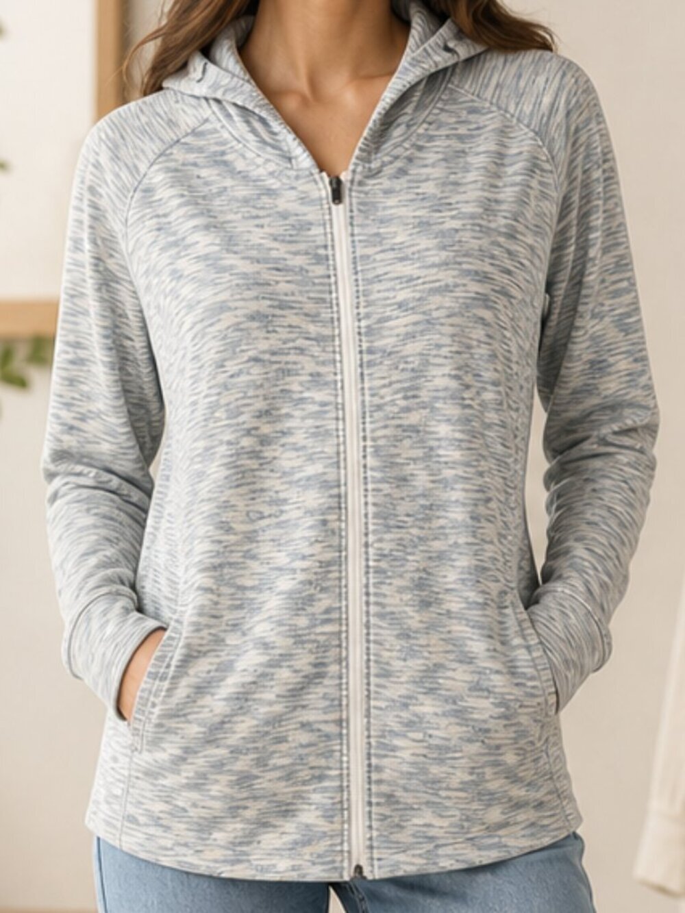 Columbia Zip Front Hoodie Space Dye Gray Lightweight Large